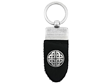 Black Leather Key Chain With Rhodium Over Brass Trinity Knot Charm