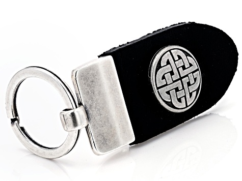 Black Leather Key Chain With Rhodium Over Brass Trinity Knot Charm