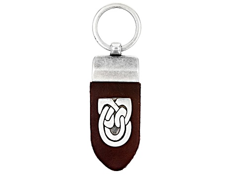 Brown Leather Key Chain With Rhodium Over Brass Trinity Knot Charm