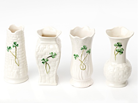 Belleek Hand Crafted Porcelain Set of 4 Shamrock Vases