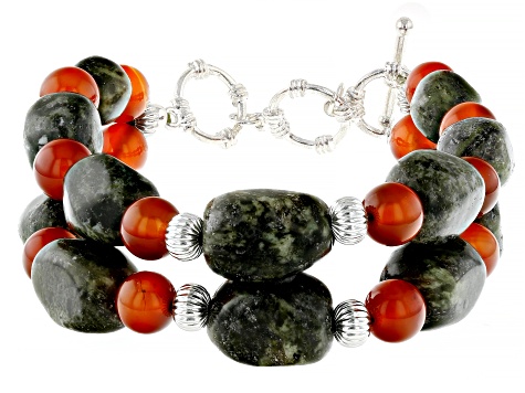 Kilfarrasy Connemara Marble & Carnelian Silver Tone Beaded Bracelet