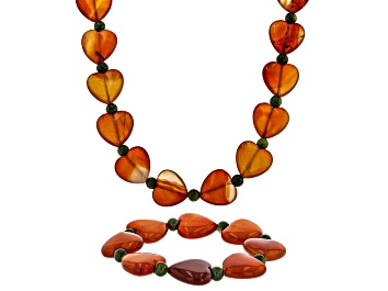 Picture of Red Agate& Connemara Marble Heart Silver Tone Necklace & Bracelet Set 6mm