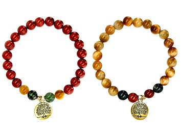 Picture of Red Jasper, Green Moss Agate & Tigers Eye Quartz Gold Tone Set of 2 Bracelets