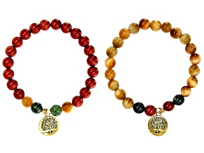 Red Jasper, Green Moss Agate & Tigers Eye Quartz Gold Tone Set of 2 Bracelets 8mm