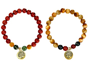 Picture of Red Jasper, Green Moss Agate & Golden Tigers Eye Quartz Gold Tone Set of 2 Bracelets 8mm