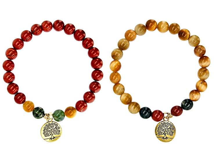 Red Jasper, Green Moss Agate & Golden Tigers Eye Quartz Gold Tone