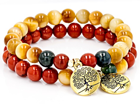 Red Jasper, Green Moss Agate & Tigers Eye Quartz Gold Tone Set of 2 Bracelets