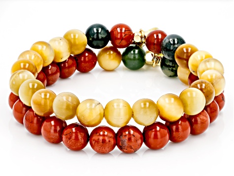 Red Jasper, Green Moss Agate & Tigers Eye Quartz Gold Tone Set of 2 Bracelets