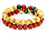 Red Jasper, Green Moss Agate & Tigers Eye Quartz Gold Tone Set of 2 Bracelets