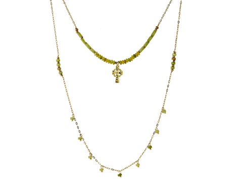 Connemara Marble Gold Tone Celtic Cross Multi-Strand Necklace