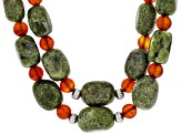 Light Green Kilfarrasy Connemara Marble & Carnelian Silver Tone Beaded Necklace