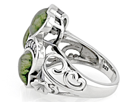 Heart Shaped Connemara Marble With Cubic Zirconia Sterling Silver Shamrock Shaped Ring 0.54 ctw
