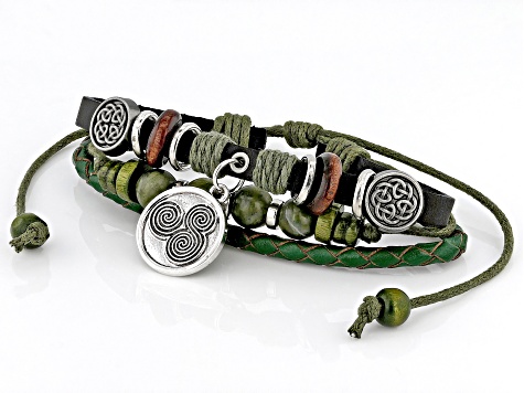 Connemara Marble Leather Silver Tone Multi-Row Bracelet