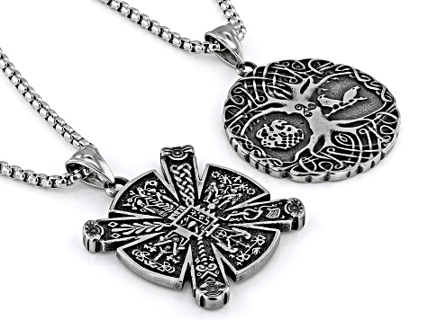 Stainless Steel Reversible "Tree of Life" Pendant With Chain Set of 2