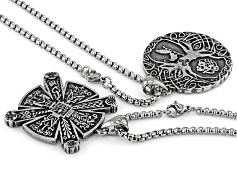 Stainless Steel Reversible "Tree of Life" Pendant With Chain Set of 2