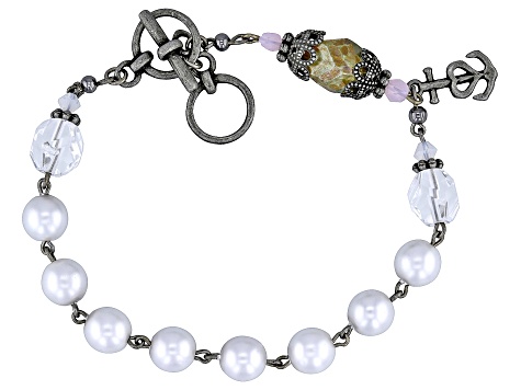 Pearl Simulant Silver Tone Rosary Bracelet