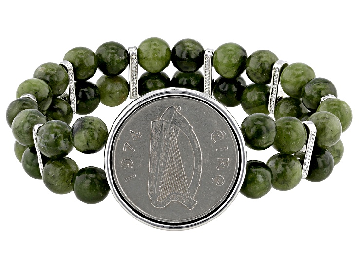 Connemara Marble & 10p Coin Silver Tone Beaded Stretch Bracelet 8mm