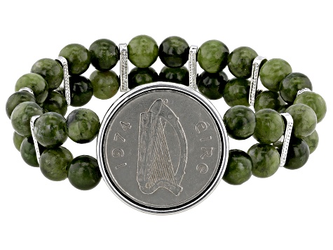 Connemara Marble & 10p Coin Silver Tone Beaded Stretch Bracelet 8mm