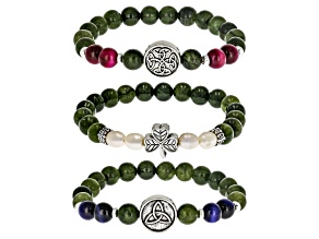Connemara Marble & Multi-Gemstone Silver Tone "All Things Irish" Set of 3 Stretch Bracelets 8mm