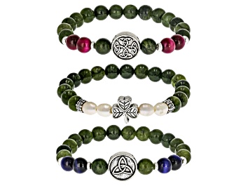 Picture of Connemara Marble & Multi-Gemstone Silver Tone "All Things Irish" Set of 3 Stretch Bracelets 8mm