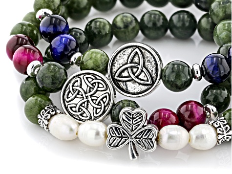 Connemara Marble & Multi-Gemstone Silver Tone "All Things Irish" Set of 3 Stretch Bracelets 8mm