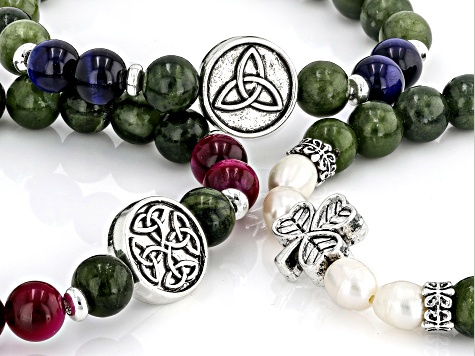Connemara Marble & Multi-Gemstone Silver Tone "All Things Irish" Set of 3 Stretch Bracelets 8mm