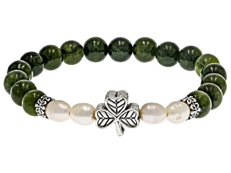Connemara Marble & Multi-Gemstone Silver Tone "All Things Irish" Set of 3 Stretch Bracelets 8mm