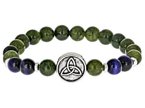 Connemara Marble & Multi-Gemstone Silver Tone "All Things Irish" Set of 3 Stretch Bracelets 8mm