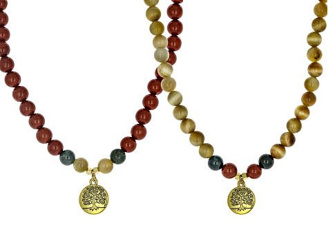 Jasper, Green Moss Agate & Golden Tigers Eye Gold Tone Fairy Tree Necklace Set of 2, 8mm