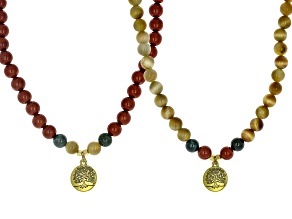 Jasper, Green Moss Agate, Tigers Eye Gold Tone Fairy Tree Necklace Set 8mm