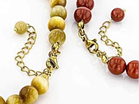 Jasper, Green Moss Agate & Golden Tigers Eye Gold Tone Fairy Tree Necklace Set of 2, 8mm