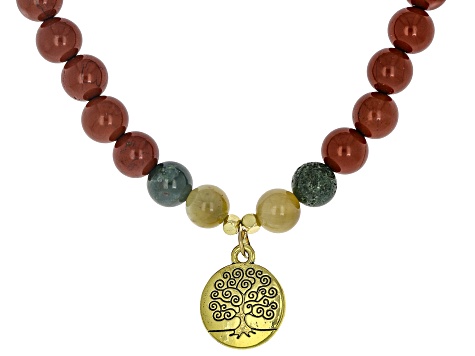 Jasper, Green Moss Agate & Golden Tigers Eye Gold Tone Fairy Tree Necklace Set of 2, 8mm