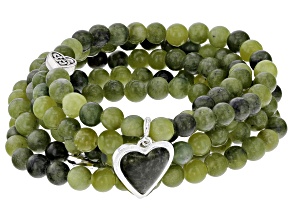 Connemara Marble Set of 5 Sterling Silver Heart & Silver Tone Bead Stretch Bracelets 6-10mm