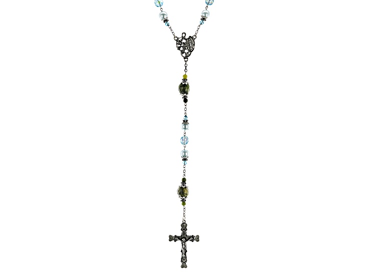 10mm Connemara Marble, 7mm Blue Glass & Pearl Simulant Silver Tone Blessed Mary Rosary