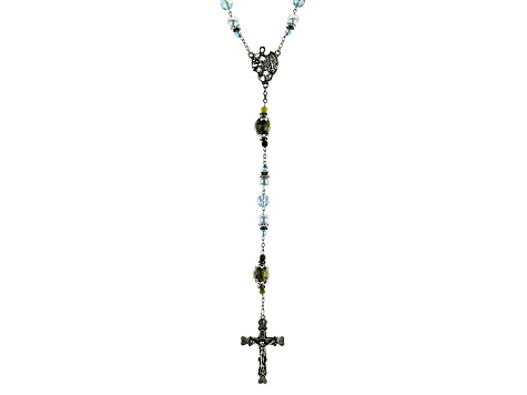 10mm Connemara Marble, 7mm Blue Glass & Pearl Simulant Silver Tone Blessed Mary Rosary