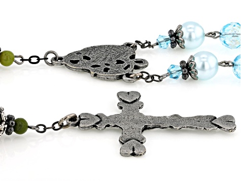 10mm Connemara Marble, 7mm Blue Glass & Pearl Simulant Silver Tone Blessed Mary Rosary