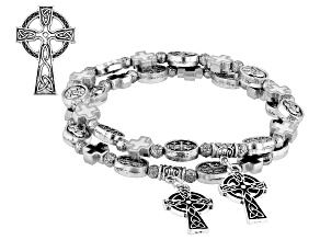 Enamel Silver Tone Cross Charm Stretch Bracelet Set of 2 With Celtic Cross Lapel Pin