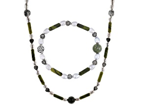 Connemara Marble & 6-8mm Freshwater Pearl Silver Tone Necklace & Bracelet Set, 12mm & 6x3mm