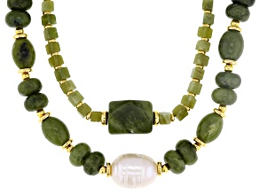 Connemara Marble & Cultured Freshwater Pearl Gold Tone Necklace Set of 2