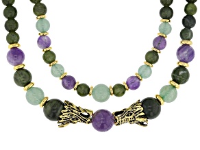 Connemara Marble, Amethyst, Aventurine Dragon Gold Tone Necklace Set