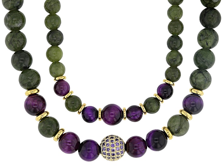 Connemara Marble With Purple Tigers Eye & Cubic Zirconia Gold Tone Set of 2 Necklaces, 1.8ctw