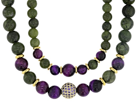 Connemara Marble With Purple Tigers Eye & Cubic Zirconia Gold Tone Set of 2 Necklaces, 1.8ctw