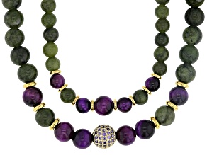 Connemara Marble With Purple Tigers Eye & Cubic Zirconia Gold Tone Set of 2 Necklaces, 1.8ctw