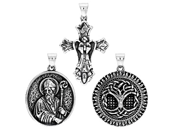 Picture of Stainless Steel Cross, Tree of Life, & Religious Motif Set of 3 Pendants