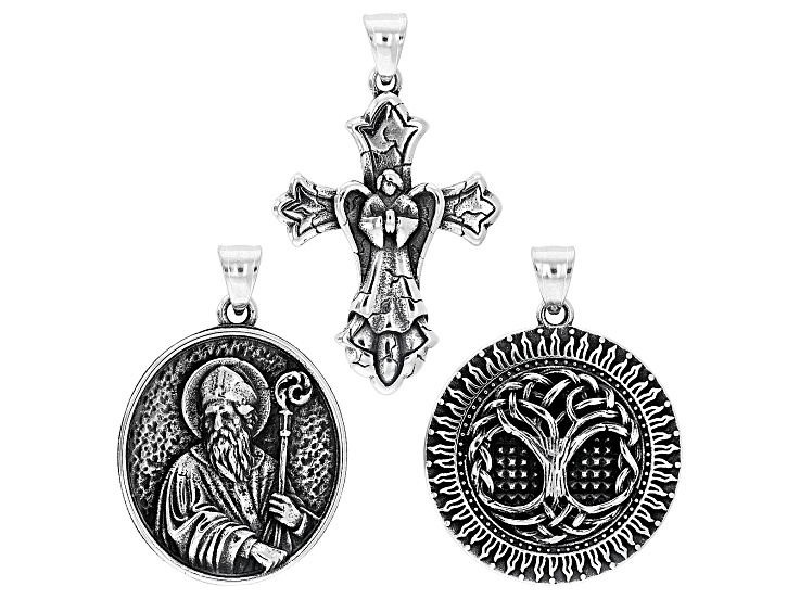 Stainless Steel Cross, Tree of Life, & Religious Motif Set of 3 Pendants
