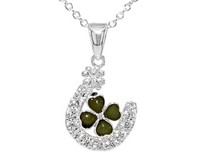 Connemara Marble, Cubic Zirconia Silver Tone Horseshoe & Shamrock Pendant With Chain, 3mm, 0.63ctw