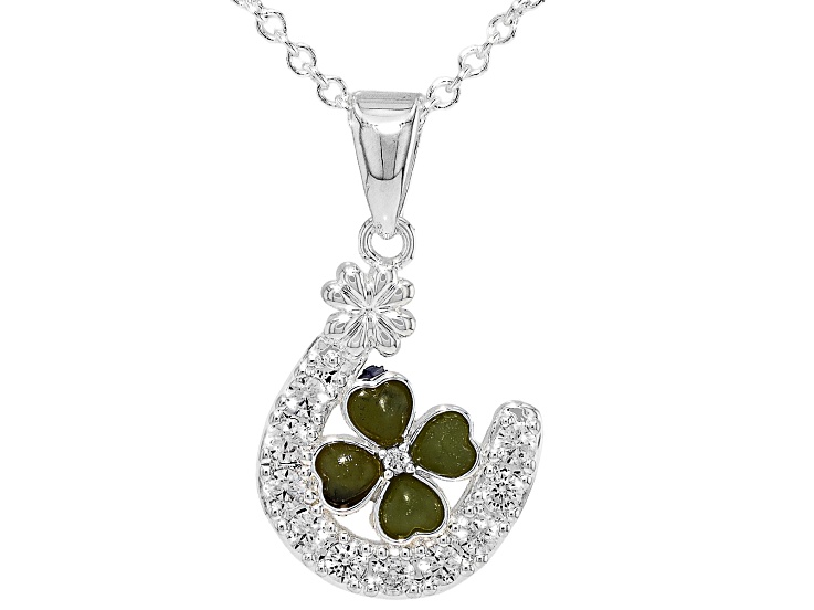 Connemara Marble, Cubic Zirconia Silver Tone Horseshoe & Shamrock Pendant With Chain, 3mm, 0.63ctw
