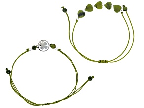 Heart Shaped Connemara Marble Silver Tone Four-Leaf Clover Set of 2 Bracelets, 4mm