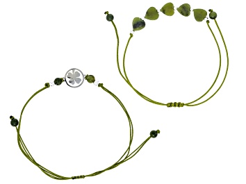 Picture of Heart Shaped Connemara Marble Silver Tone Four-Leaf Clover Set of 2 Bracelets, 4mm