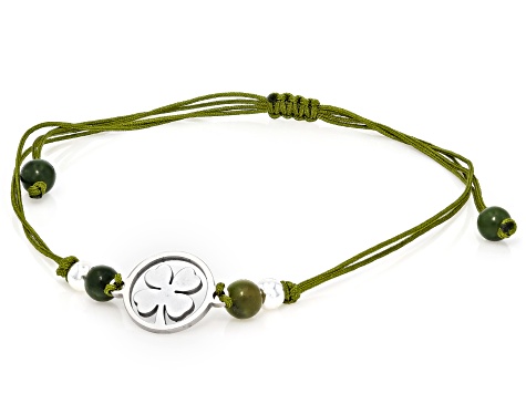 Heart Shaped Connemara Marble Silver Tone Four-Leaf Clover Set of 2 Bracelets, 4mm